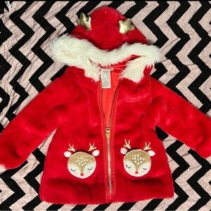 Red Faux Fur Hooded Jacket with Reindeer Pockets